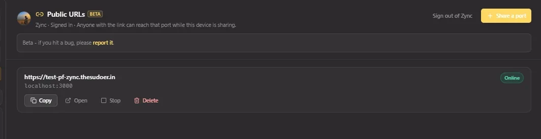 Zync Public URLs panel showing a localhost share with Copy, Open, Stop, and Delete controls