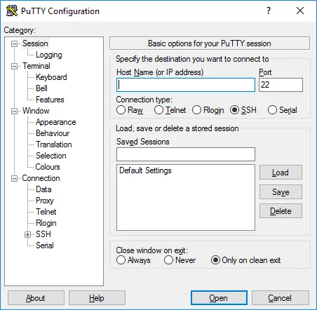 PuTTY configuration dialog with session settings, saved sessions and SSH selected