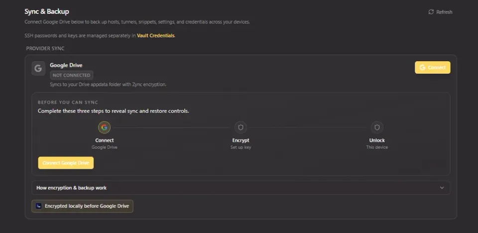 Sync and Backup with Google Drive connect, encrypt, and unlock steps.