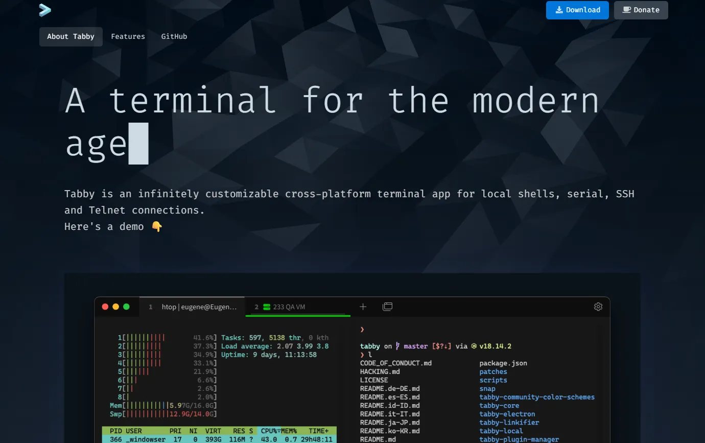 Tabby website introducing its terminal app with a split-terminal demonstration