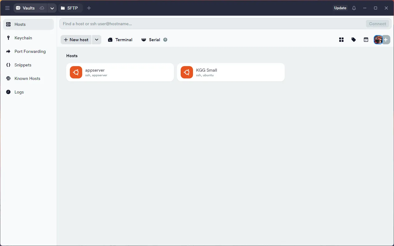 Termius desktop host list with navigation to SFTP, keychain, port forwarding and snippets