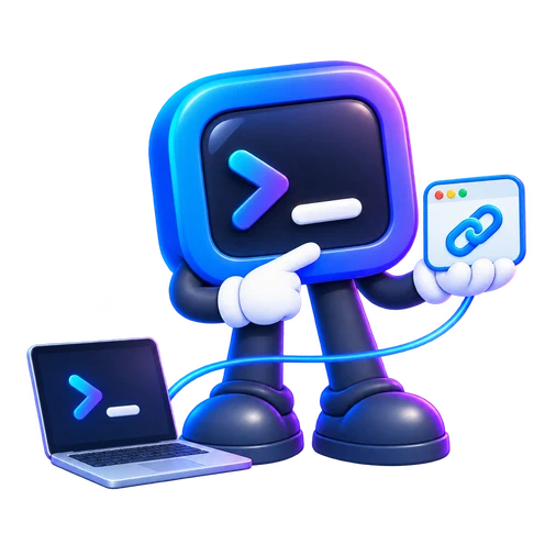 Zync mascot presenting a sharing link card connected to a laptop by a blue ribbon